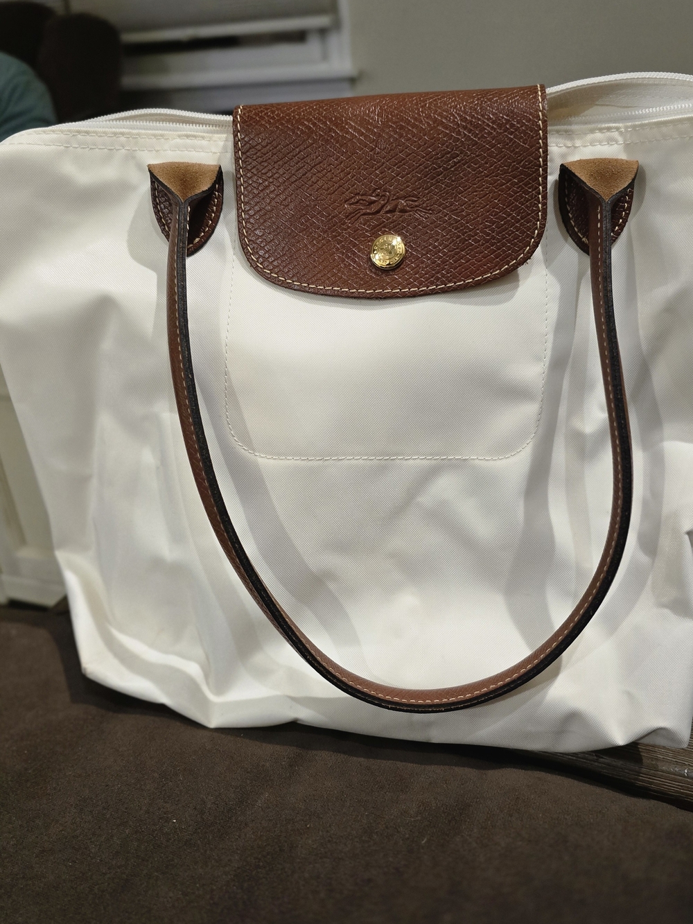 Longchamp Le Pliage Classic White Tote with Brown Leather Trim